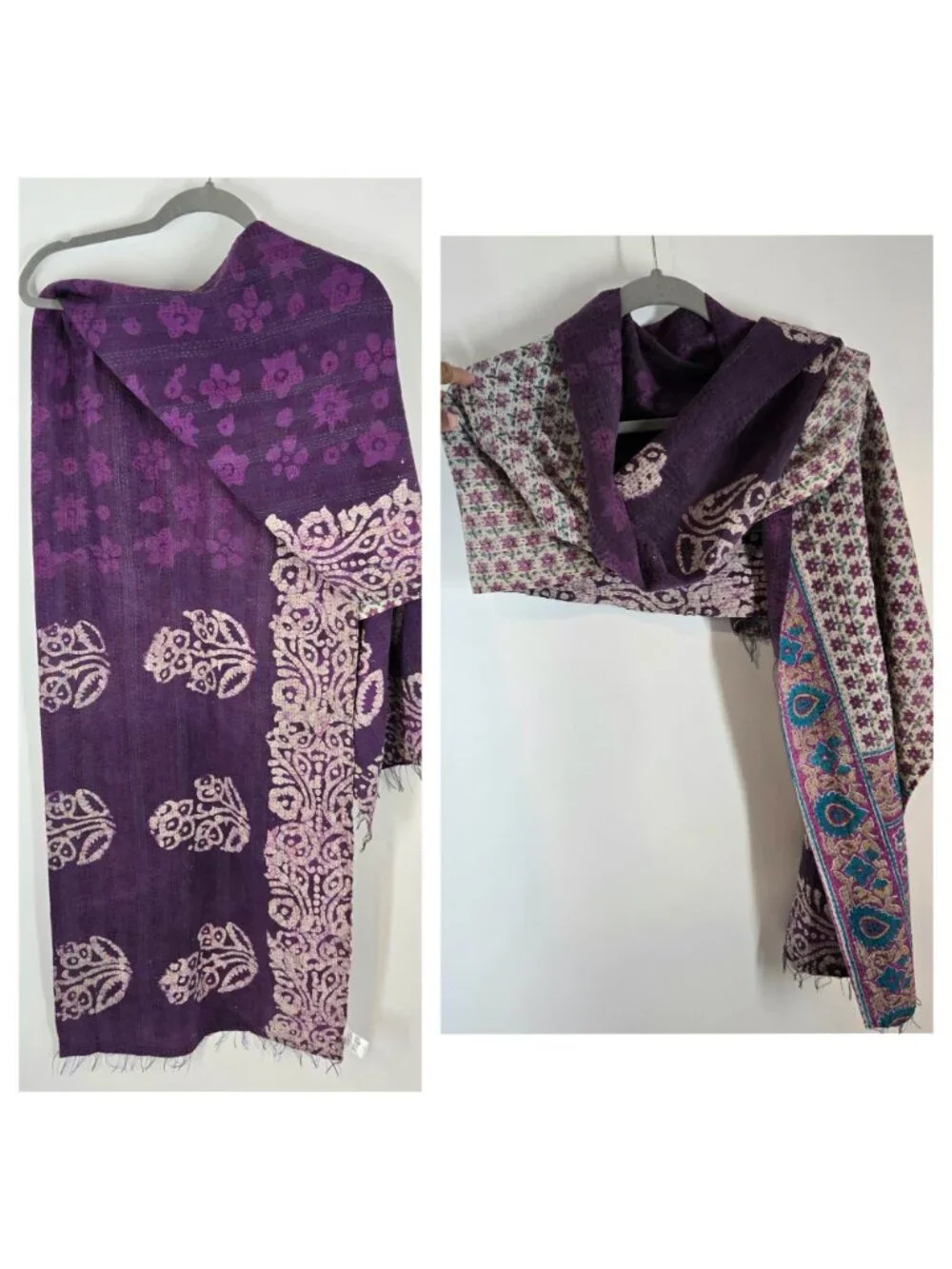 Mieko Mintz Purple & White Hand Stitched Floral Kantha Fabric Scarf Shawl Cotton